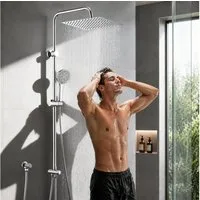 HOMELODY Duschsystem mit 30 cm Regendusche, SUS304 Edelstahl, Kopfbrause, 5 Strahlarten Handbrause, höhenverstellbar, ohne Neubohren,Chrom