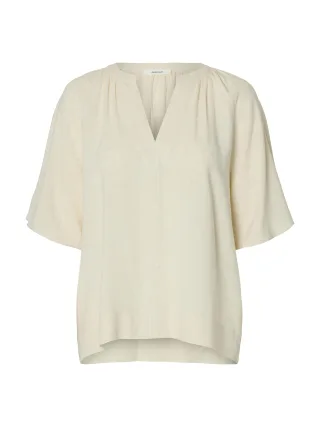 selected women - SLFVIVA 2/4 V-NECK LINEN BLEND TOP NOOS Sandshell - Gr. - 38