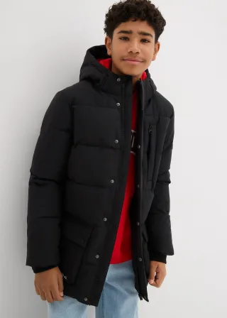 bonprix Stepp-Parka mit sportiven Details und Kapuze, schwarz, Gr.128/134, Modischer Jungen Winter-Stepp-Parka mit sportiven Details