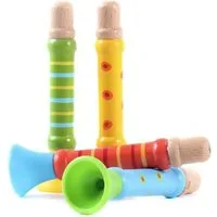 GICO Spielzeug-Musikinstrument Holz Trompetenpfeifen 4er-Set – Bunte Kinder-Tröten Mitgebsel- 7940