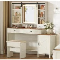 VASAGLE Schminktisch mit Spiegel und Beleuchtung, Frisiertisch mit Hocker, Ladestation (Tisch mit Hocker), 2 Schubladen, Schmuckaufbewahrung, Landhausstil
