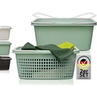 Hausfelder Wäschekorb Wäschewanne 58x37x25cm (Jadegrün, 1 Korb + 1 Wanne, 35 l) (Set, 2 St., 1 x Wäschekorb + 1 x Wäschewanne), mit klappbaren Henkeln, mit Griffen, 35 Liter