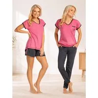 Consult-Tex Hausanzug Damen Pyjama 3er Set aus Baumwolle mit kurzer & langer Hose (Spar Set, 3er Set) Mit Kontrastpaspel in der kurzen Hose