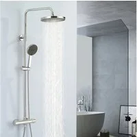 HOMELODY Duschsystem Thermostat-Duschset mit verchromtem Rundrohr & 3-Funktions-Handbrause, 2 Strahlart(en), Set, Leicht zu reinigende Silikondüse, Höhenverstellbare 3-Funktions-Handbrause, PVC-Schlauch, verchromt