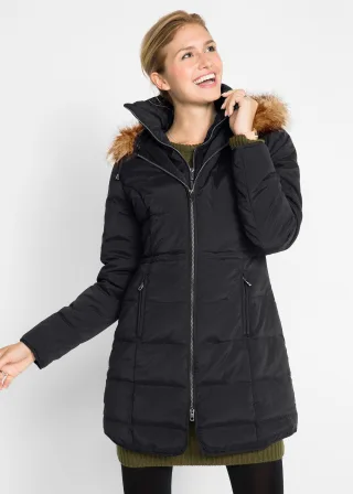 bonprix Steppjacke mit Kapuze gefüttert, schwarz, Gr.36, Wärmender Steppmantel mit Fellimitat