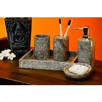 Kinaree Seifenspender Badezimmer Set Marmor dunkel, (bestehend aus Tablett, Seifenspender, Seifenschale, Becher und Zahnbürstenhalter, 5 teiliges Badezimmer Set), rostfreie Edelstahl Pumpe, leicht nachfüllbar