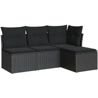 vidaXL Gartenlounge-Set 4-tlg. Garten-Sofagarnitur mit Kissen Schwarz Poly Rattan, (1-tlg)