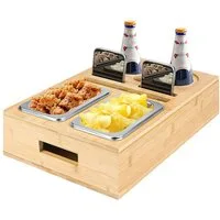 SURFOU Schüssel Snackbox mit Snackschalen aus Edelstahl und Zwei Untersetzern, (Tablett Holz Sofatablett Organizer Flaschenhalter mit Abnehmbarem), für Sofa Deko Couch Bar mit Getränkehalter Snackbox mit Fächern