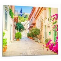 Wallario Herd-Abdeckplatte Mediterrane Straße im Blütenrausch, ESG-Sicherheitsglas, (Glasplatte, 2 tlg., inkl. 5mm Noppen), verschiedene Größen