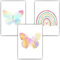 Tigerlino Poster Regenbogen Schmetterling 3er Set Kinderzimmer Bilder Dekoration