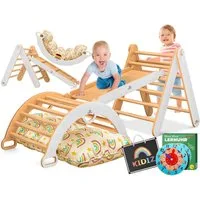 KIDIZ Klettergerüst Klettergerüst Montessori 7in1 Spiel-Set aus Holz, (mit Kletterbogen, Rutsche, Kletterdreieck, Kissen, Tafel & Lern-Uhr), Indoor Spielplatz für Kleinkinder ab 1 Jahr & Kinder bis 3 Jahre