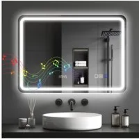 BAYMATE Badspiegel Bluetooth-Badezimmerspiegel mit LED-Beleuchtung, 50 x 70 cm (beleuchteter Wandspiegel mit Uhr, beschlagfrei, silber)