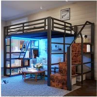 Flieks Hochbett Metallbett 140x200cm mit LED-Leiste, Regale, Treppe und Schutzgitter