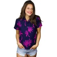 King Kameha Hawaiihemd Palmshadow Funky Hawaiibluse Damen Kurzarm Front-Tasche Stylish
