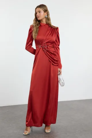 Langes, gerades, elegantes, tailliertes Abendkleid mit Hijab für Damen
