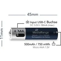 Mediarange 4 Akku AAA mit USB-C Anschluss Li-Ion Micro 1.5V 500mAh Ladekabel Akkupacks