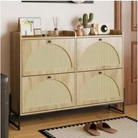 Merax Schuhschrank mit 4 Klapptüren und PE-Rattan Front (Kommode Schrank Schuhkommode Schuhregal, 1-St., 121×25×91,5cm) Schmaler Schuhkipper mit schwarzen Griffen & goldenen Metallfüßen