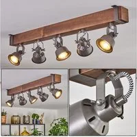 hofstein Deckenleuchte Deckenlampe aus Metall/Holz in Grau/Dunkelbraun, ohne Leuchtmittel, Deckenleuchte im Industrial/Retro/Vintage-Design m. Holzbalken, 5xGU10