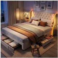 zebery Stauraumbett Polsterbett Doppelbett Mit LED-Leuchten (Packung, 1-tlg., Jugendbett), 160x200 cm,Mit 3 Schubladen,Kopfteil und Bettgestell,Samt,Beige