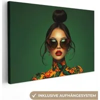 OneMillionCanvasses® Leinwandbild Frau - Grün - Modern - Brille - Abstrakt, Fotodruck (1 St), Leinwand Bilder Klein, Wand Dekoration Aesthetic 30x20 cm