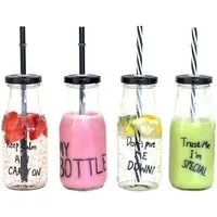Z-One Trinkflasche 440s Glas Trinkflaschen 4er Set mit Verschluß und Trinkhalm