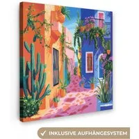 OneMillionCanvasses® Leinwandbild Gelb - Blau - Orange - Haus, Fotodruck (1 St), Wandbild, Deko Schlafzimmer Wohnzimmer Flur 20x20 cm