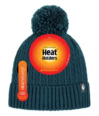 Ladies Thermal Cable Beanie Hat | Heat Holders | Winter Knitted Pom Pom Hat | Soft Ribbed Bobble Hat - Teal