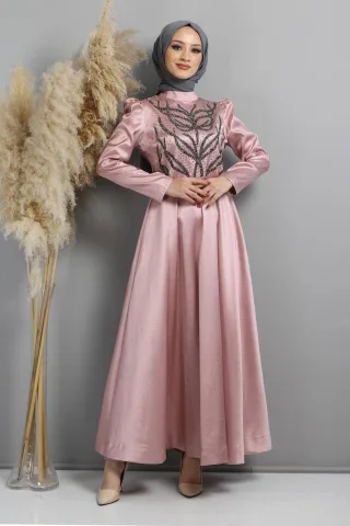 Mit Steinen Gebrannt Gemustert Abendkleid, Altrosa