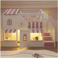 MODFU Kinderbett mit Stauraumleiter, LED-Beleuchtung und Regalen (Stauraumbett Hochbett mit Fenstern, Dachüberstand und Tür, Jugendbett 90 x 200 cm), ohne Matratze