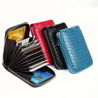 Business PU Leather ID Credit Card Holder Handbag Multi Card Leather Coin Purse Vertical Imitation Snake Texture Zipper