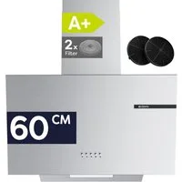 CIARRA Kopffreihaube 60 cm A+ 580 m³/h Schräghaube leise Umluft & Abluft VMS6765A 60 cm A+ 580 m³/h Schräghaube leise Umluft & Abluft VMS6765A, Leise Schräghaube aus Edelstahl mit Kohlefilter Fettfilter LED Silber