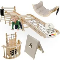 Juskys Klettergerüst Movario Groß, (6-St), Indoor Kletterdreieck, Kletterbogen mit Kissen, Rutsche, Tafel