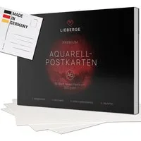LIEBERGE Aquarellpapier Premium Postkarten A6 300g – made in Germany – 25 Blatt verleimt, 300g/m², grobes Feinkorn, verleimt, Postkarten-Vordruck