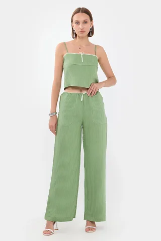 Gestreifte High-Waist gerade Beinform Schlafanzughose mit Gürtel Detail