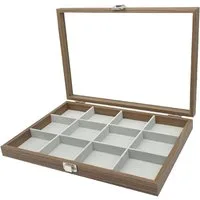 Schmuckkasten Holz Schmucklade 12 Fächer für Schmuck Ringe Ohrringe Halsketten Armbänder Schmuckkoffer Schmuckkasten Schmuckbox Aufbewahrung Schmuckdisplay Deckel aus Echtglas Schmuckschatulle, Deckel aus Echtglas