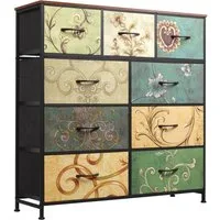 WLIVE Kommode mit 9 Stoffschubladen, Schubladenkommode 100 × 30 × 102 cm (Stauraumkommode für Schlafzimmer Wohnzimmer Flur, florales Retro-Design), Modernes Sideboard, Blumenmuster