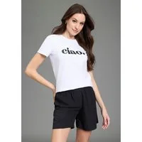 Laura Scott T-Shirt ciao mit glitzerndem Statement-Print, figurumspielende Passform