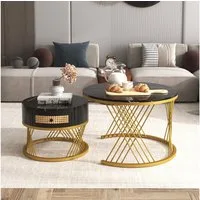 Furnishings Home Couchtisch Runder Kaffeetisch 2 in 1 Beistelltisch Satztische 2er Set (2tlg), Mit Schublade, Marmormuster, 70x70x45,5 + 50x50x38,5 cm