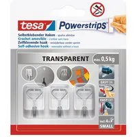 tesa Klebehaken Powerstrips Small - selbstklebende Haken mit abnehmbaren Drahthaken, (Packung, 1-St., Wandhaken mit bis zu 0,5 kg Halt pro Stück, 3 Haken, 4 Powerstrips), ablösbar, wiederverwendbar, transparenter Dekohaken, ohne Bohren