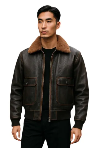 Herren-Bomberjacke aus braunem Leder mit Schaffellkragen, G-1-Pilotenjacke – Naracoorte