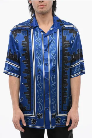 Bowlingshirt mit Bandana-Motiv in Blau, Schwarz