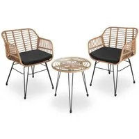 tectake Sitzgruppe Rattan-Gartenlounge für 2 Personen, filigranes Design, (Loungeset Molfetta, 3-tlg., für Außen in Naturfarben), widerstandsfähig, UV-beständig, mit Sicherheitsglasplatte