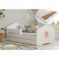 Kids Collective Kinderbett für Mädchen mit Matratze und Schublade & Lattenrost (70x140, 80x160 cm Jugendbett Einzelbett Komplettbett in weiß mit Prinzessin Motiv), Bett für Kinder Bett komplett Set Rausfallschutz Kinderbett 70x140 cm