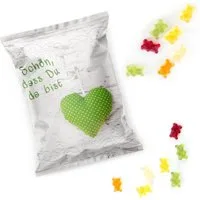 Logbuch-Verlag Dekofigur 10 kleine Päckchen Gummibärchen SCHÖN DASS DU DA BIST Herz grün weiß