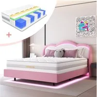 HOMAVO Boxbett Polsterbett inkl. Taschenfederkernmatratze mit integriertem Topper (140 × 200 cm Spar-Set, FSC® Polsterbett mit LED & 25 cm 7-Zonen-Matratze), Orthopädisch für Kinder, Jugendliche & Erwachsene