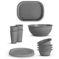 ProHome Geschirr-Set Mehrweg für Camping/Küche (14-tlg), 4 Personen, Kunststoff, BPA-Frei, Spülmaschinengeeignet (Schüssel, Teller, Becher, Tablett)