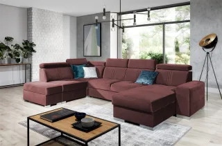 Wohnlandschaft Schlafsofa NOLAN ink USB Stoff Monolith Purpurrot Ottomane Rechts