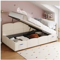 Odikalo Kinderbett Jugendbett, Polsterbett mit Bettkasten, Geeignet für kleine Wohnungen (Polsterbett, Kinderbett, Einzelbett, Stauraumbett, Schlafsofa 90x200 cm, mit Lattenrost, Stautasche, Jugendbett und Erwachsenen-Kinderbett,Samt / Bouclé, beige 