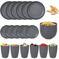 HEYHIPPO Frühstücks-Geschirrset Spülmaschinenfestes 24-tlg. Geschirrset mit Tellern, Schalen, Bechern, 6 Personen, Leichtes, bruchsicheres Geschirrset für 6 Personen, ideal für Picknick