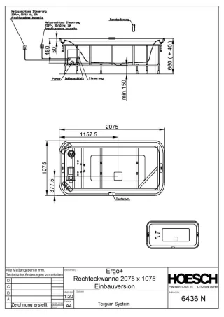 Hoesch Whirlwanne Ergo+ Rechteck 2075x1075 freistehend mit System Tergum Whirl Weiss/Chrom/Glas Schw 6441N.010305552